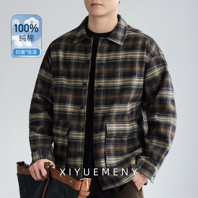 美式复古纯棉加绒保暖格子衬衫男