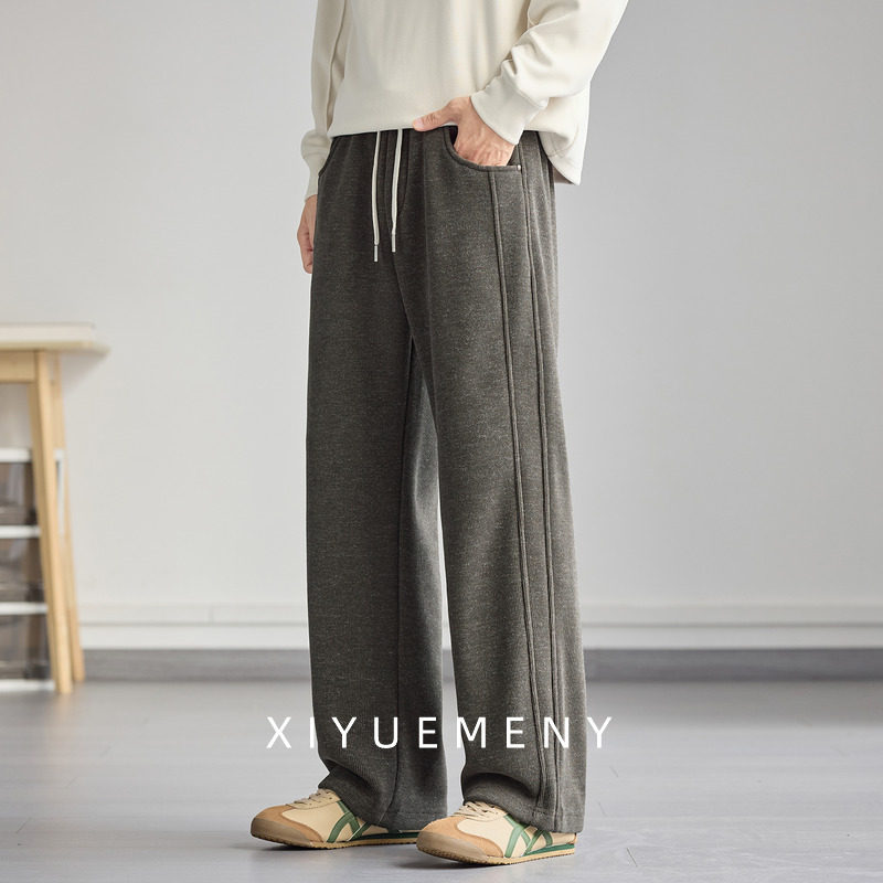 重磅欧棉绒拼接直筒休闲裤男加绒卫裤2025秋冬季宽松大码百搭裤子