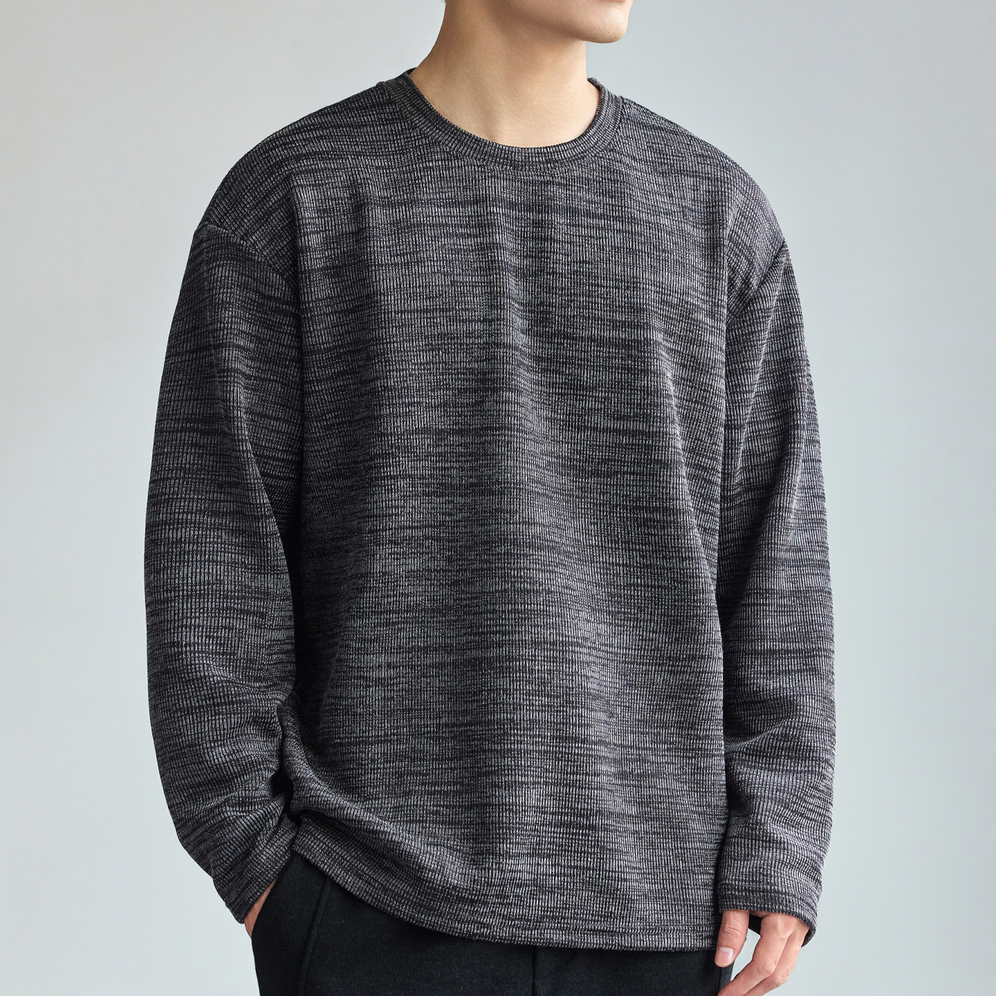 希越慵懒风花纱织条长袖T恤男2026春季新款宽松外穿百搭通勤上衣