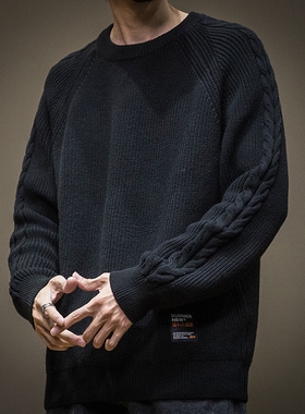 2025秋季新款黑色毛衣男日系绞花男装上衣男士宽松大码春秋针织衫