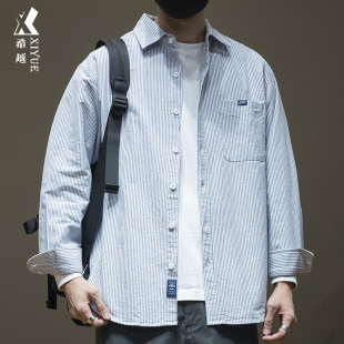外套男士 希越夏季 春秋款 男条纹大码 纯棉衬衣 潮流男友风牛津纺衬衫