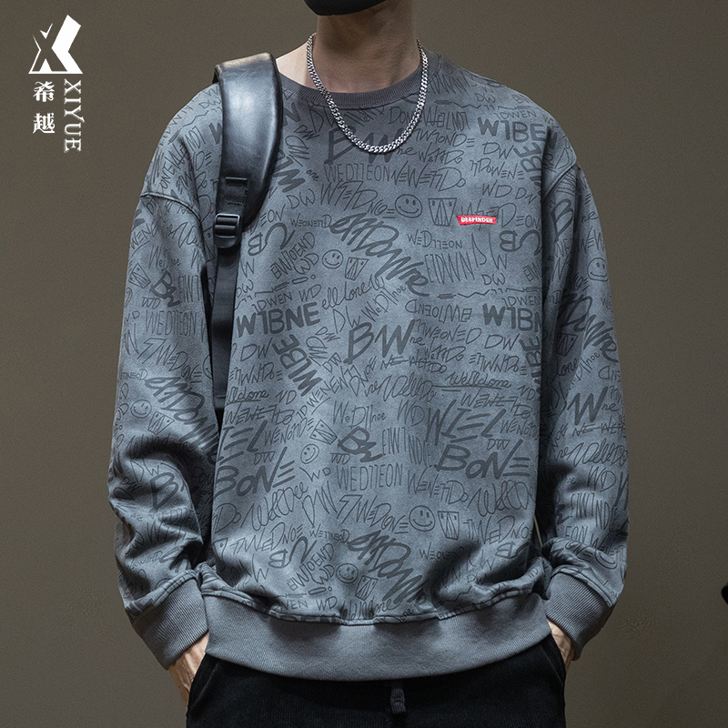 胖子大码麂皮绒潮牌满印无帽卫衣