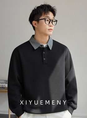 简约黑色假两件衬衫卫衣男士2025秋冬新款宽松大码百搭休闲风外套