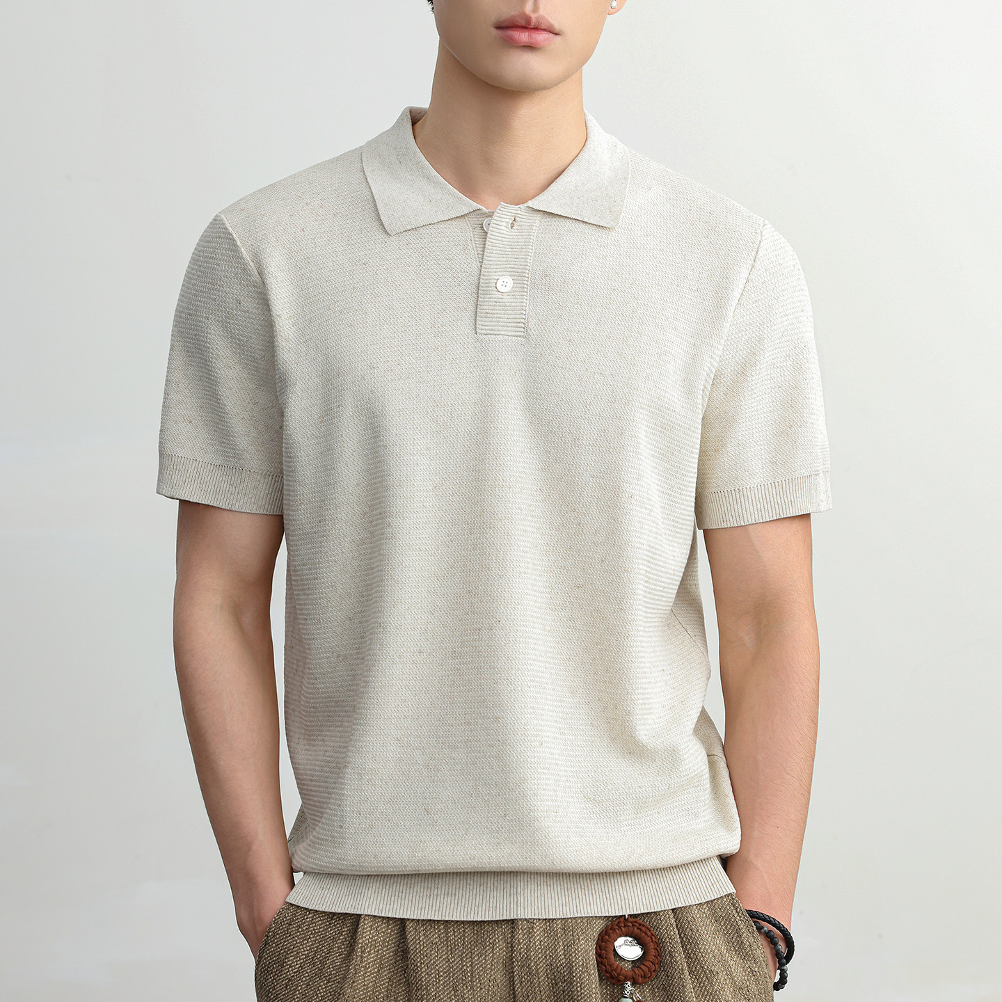 希越亚麻莱赛尔polo衫短袖男2026夏季宽松百搭老钱风翻领T恤上衣