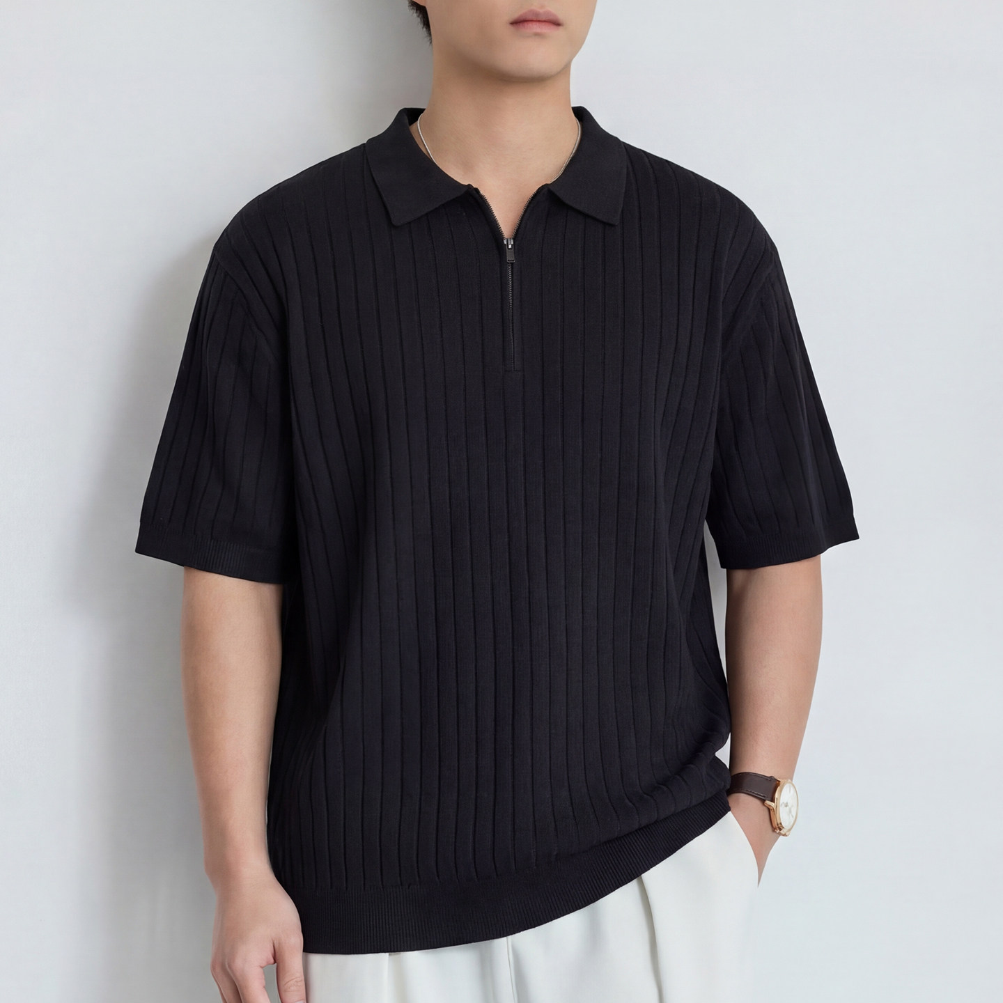 希越老钱风翻领半拉链短袖polo衫男士2026夏季宽松百搭针织衫T恤