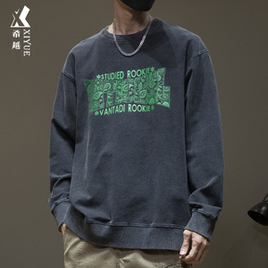 2023秋季新款美式运动卫衣男民族风加绒圆领宽松大码胖子加肥加大