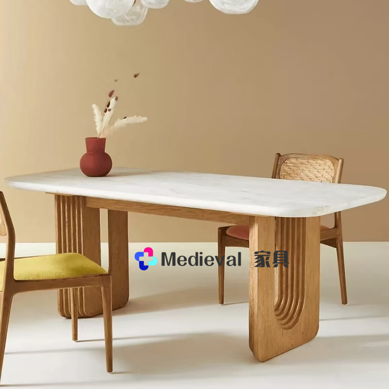 现代简约实木餐桌家用椅轻奢大理石小户型复古奶油风长方形工作台