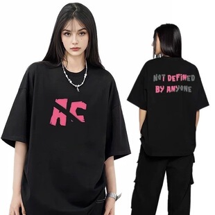 Achock潮牌高街印花圆领五分袖美式嘻哈短袖T恤宽松潮流ins上衣