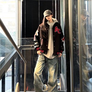 Achock美式复古撞色棒球服外套毛巾绣新款飞行员夹克