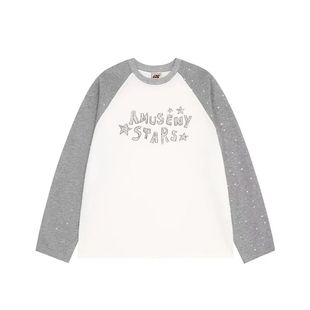 长袖 F426国潮牌夏季 星星烫银拼接插肩袖 美式 T恤 新款