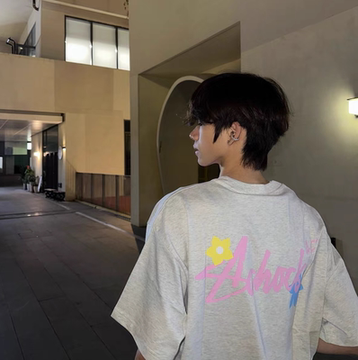 Achock潮牌小花印花英文情侣半袖t恤美式宽松圆领短袖