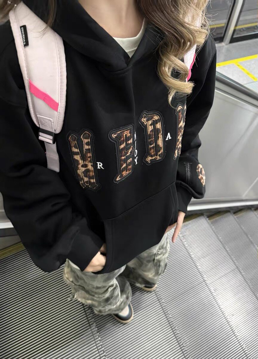 MEDM豹纹双层皮毛豹纹休闲连帽卫衣美式通勤套头情侣外套男