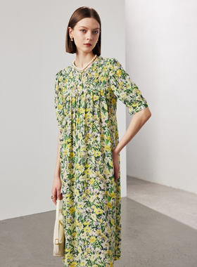 短袖真丝连衣裙2024女春夏新款圆领双绉印花100%桑蚕丝长裙ML-425