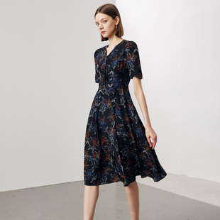 短袖真丝连衣裙印花2024春夏新款100%桑蚕丝气质优雅长裙1245-039