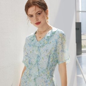 V领花边真丝雪纺连衣裙ML-113