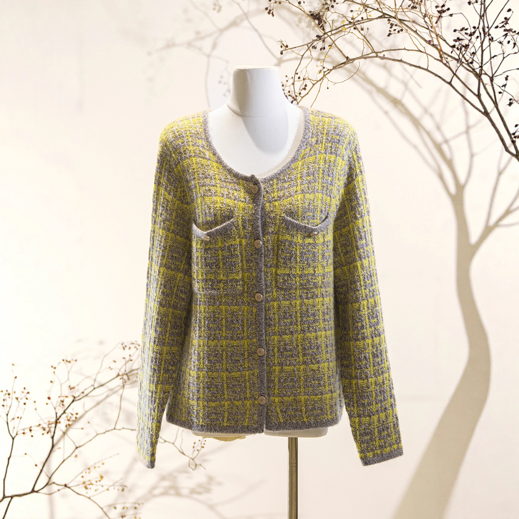 小香风2025秋冬新款女羊绒菱形纹针织开衫毛衣