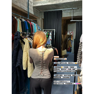 FuunJ T恤女后背设计感带胸垫辣妹上衣 初代陷阱收腰显瘦正肩短袖