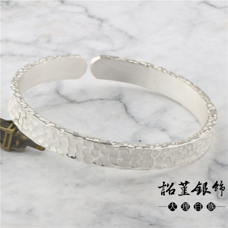 手工锤印银手镯雪花银锤打点男女锤点足银999情侣手环可定制银饰