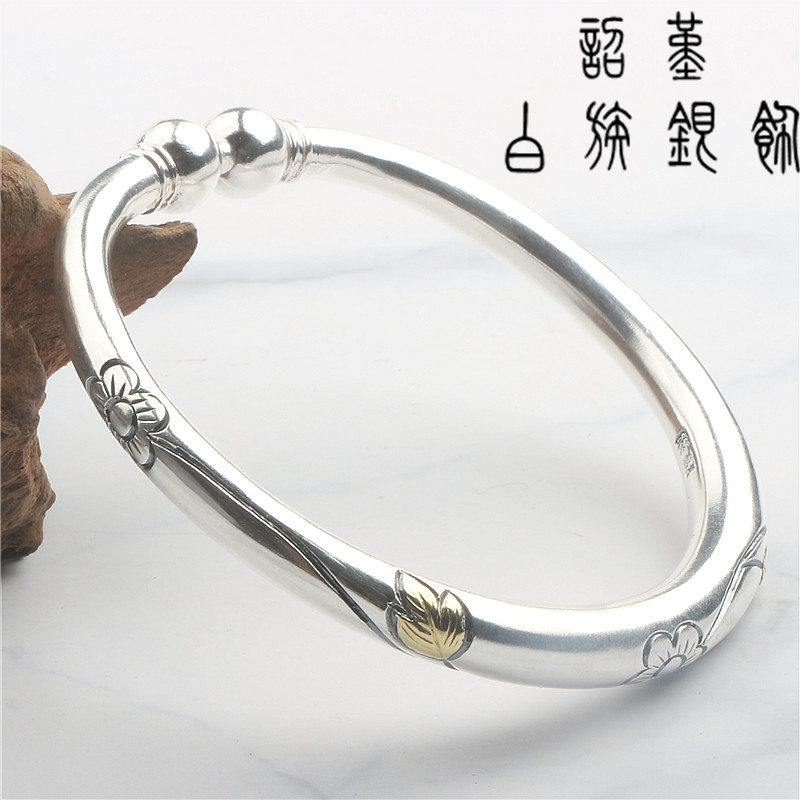 复古国风图案纯银手镯女梅花原创设计999雪花足银彩色银杏叶清新