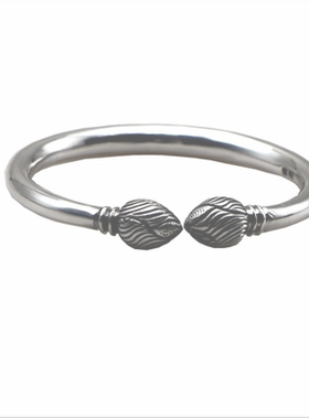 莲花苞手镯女开口复古民族风银饰实心镯子荷花一体成型花苞头银镯