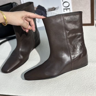 植鞣牛皮方头套筒内增高坡跟短靴 新款 欧洲站时尚 简约风2025年冬季