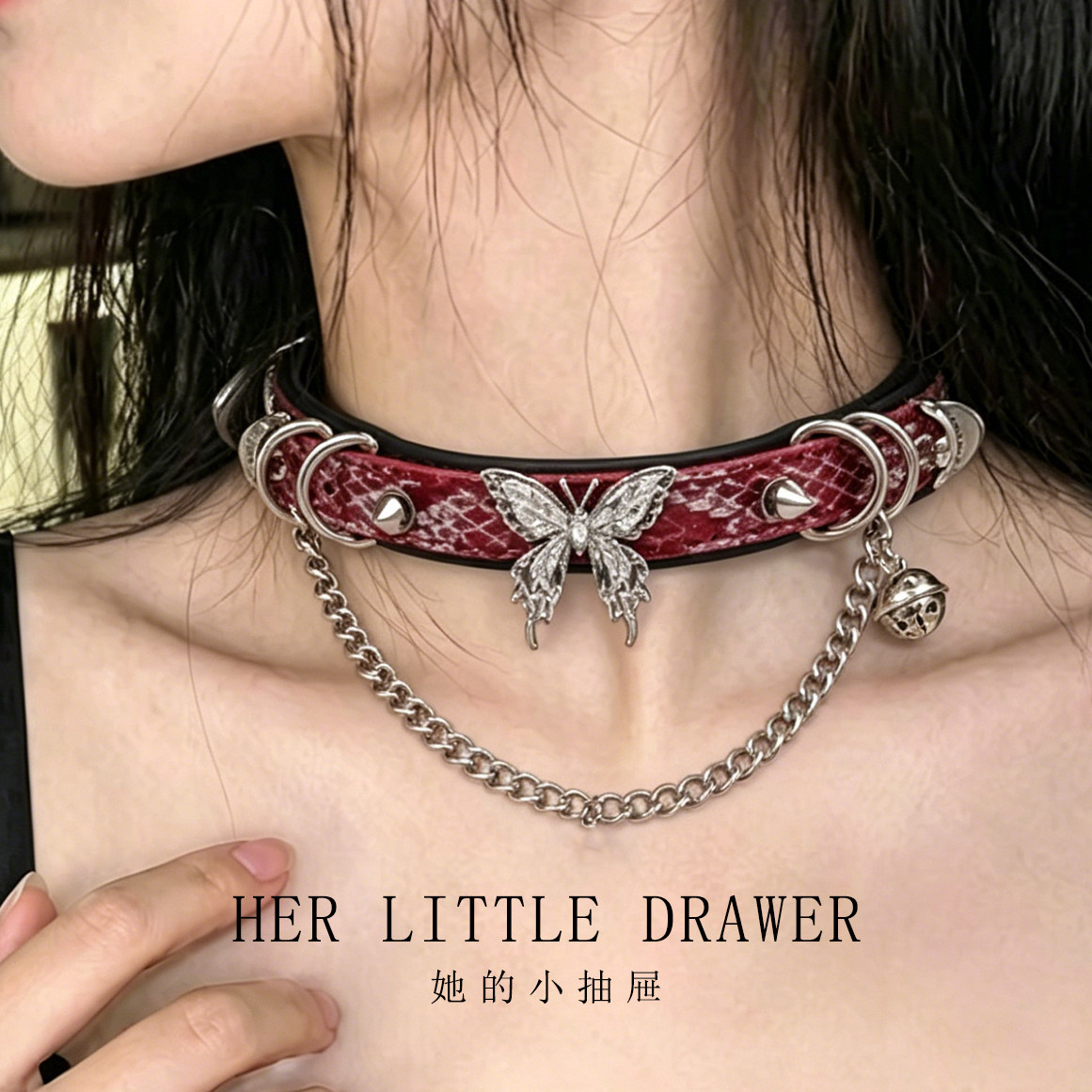 原创小众choker项圈真皮蝴蝶颈带
