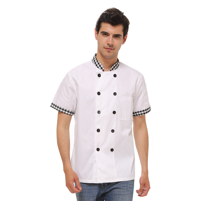 starchef酒店廚師服夏季短袖純白透氣雙排扣廚房工作服食堂餐廳