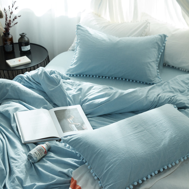 网红毛球球全棉水洗棉四件套日式 简约纯色纯棉家纺床单床笠床品