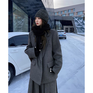 泰晤士河畔/高级感毛呢经典西装+压褶半裙套装2025秋冬韩系两件套