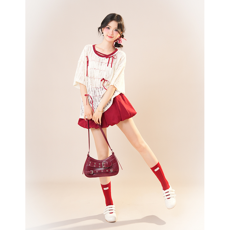 甜美两件套蝴蝶结设计感短袖上衣2025夏季新款红色减龄半身裙套装