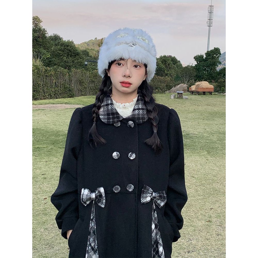 黑色外套娃娃领格纹秋冬季蝴蝶结少女宽松2025年过膝长款毛呢大衣
