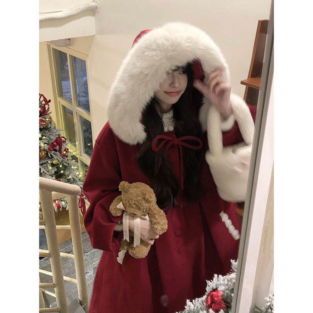 新年战袍学院风圣诞红色蝴蝶结大衣女秋冬季小个子中长款连帽外套