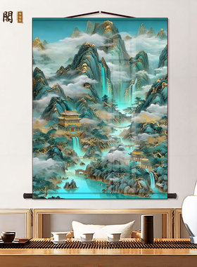 青绿山水堂口山水单暗堂口风景画风水画仙堂背景东北堂屋供奉挂画