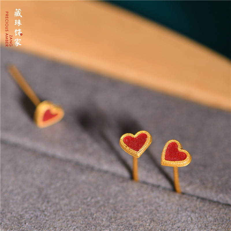足金手工錾刻金珐琅烧蓝心形耳钉