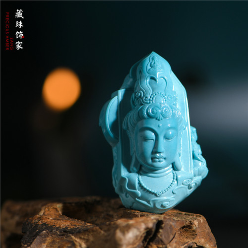 天然原矿高瓷湖北绿松石观音吊坠