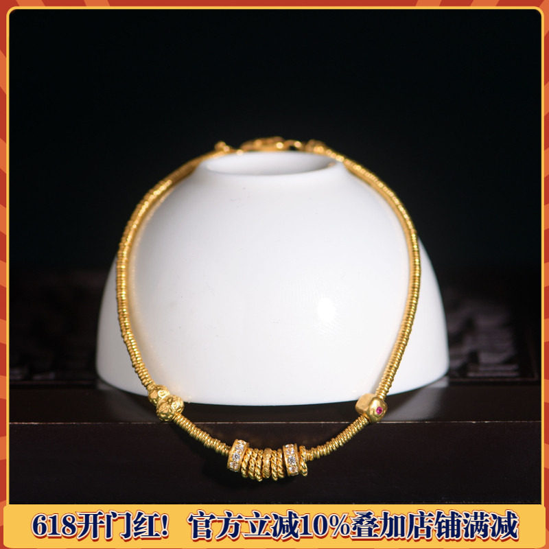 手工錾刻古法小金圈镶钻葫芦手链