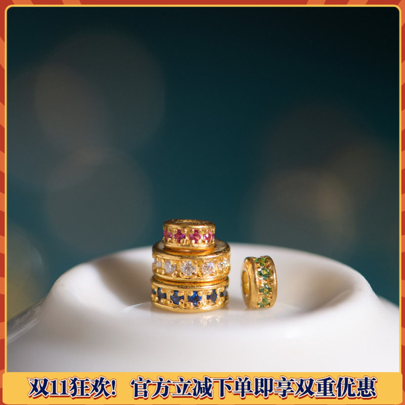 藏珠饰家 足金手工錾刻古法黄金 镶嵌宝石圆形隔珠 项链手链配件