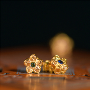 藏珠饰家手工錾刻古法黄金樱花镶嵌宝石隔珠项链手链配饰配件