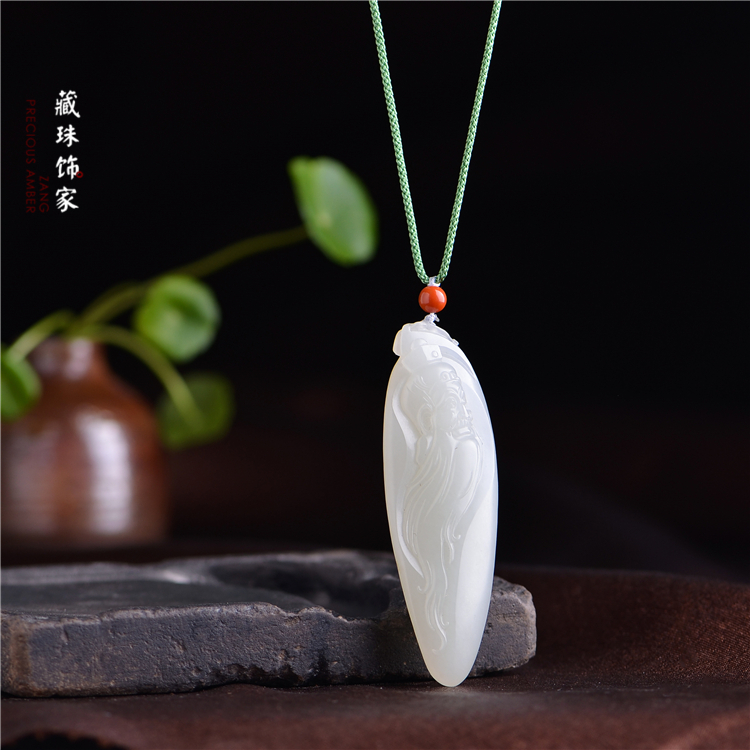 藏珠饰家 天然和田玉籽料吊坠 张寿宴苏工精雕孔子 留原皮精品05