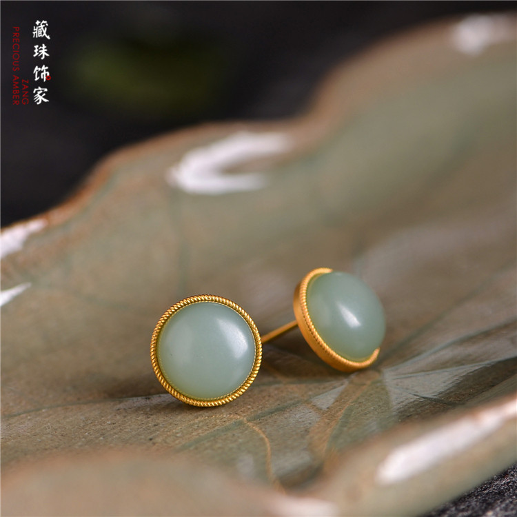 藏珠饰家 天然和田玉碧玉耳钉 羊脂级粉青 18k金镶嵌 金镶玉耳饰