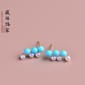 美国睡美人18K金镶钻高瓷高蓝精致个性 藏珠饰家 天然绿松石耳钉