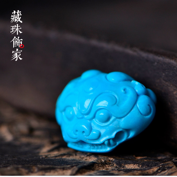 藏珠饰家 天然原矿绿松石吊坠 兽头 睡美人高蓝瓷松苏工精雕10