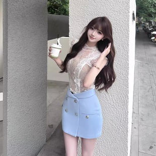 蕾丝拼接高领无袖 收腰设计感纯欲辣妹白色上衣 T恤女夏季 网纱修身