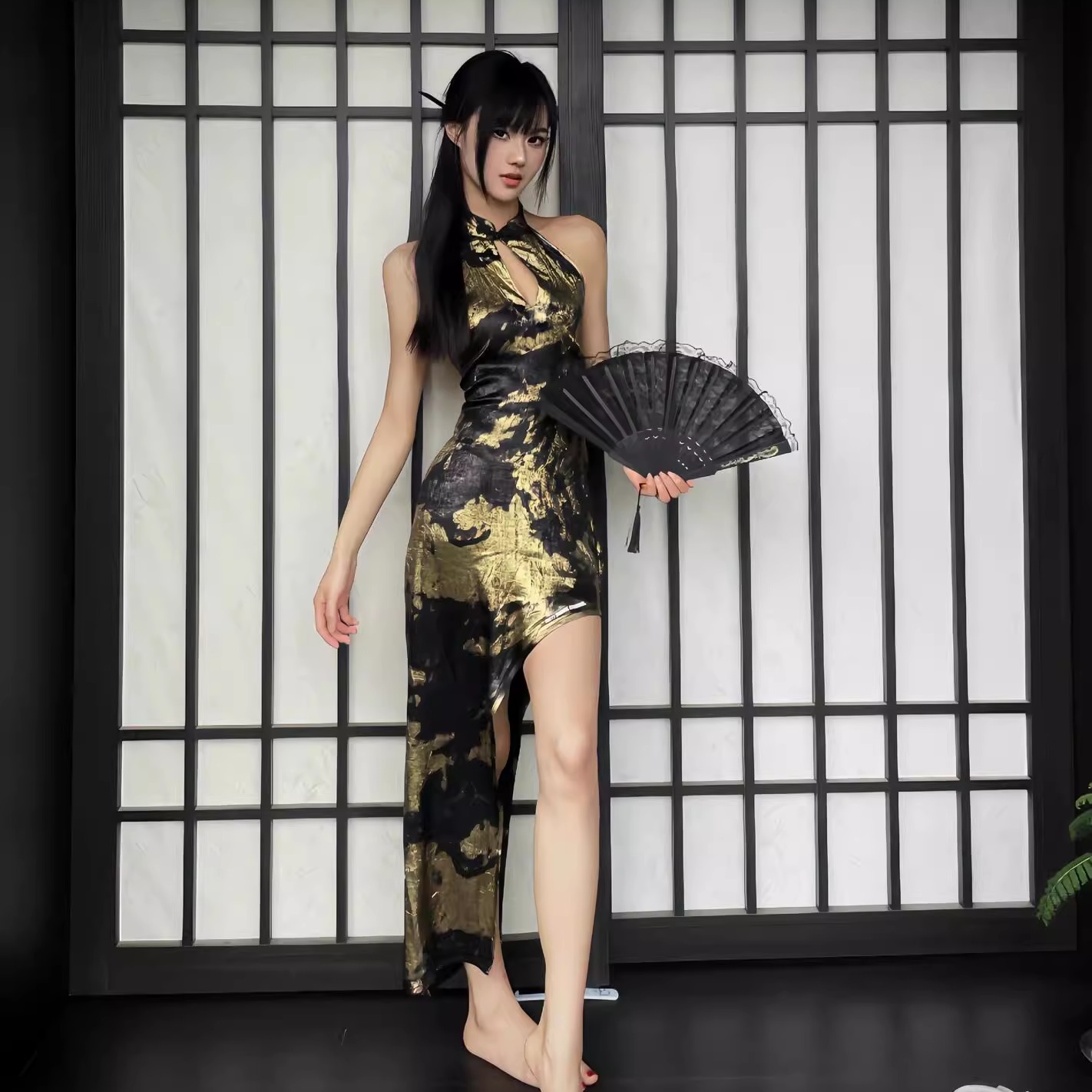 Gentle wind新中式辣妹复古露背挂脖气质修身黑金旗袍连衣裙