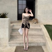 Gentle wind豹纹印花背心女性感辣妹设计感露背抹胸上衣