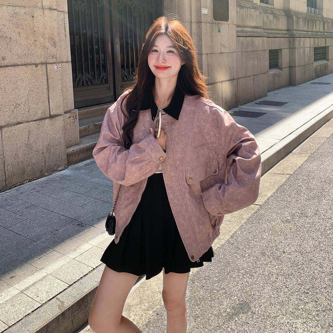 粉色扎染设新计感套翻领上工装外女秋款小个子甜酷减龄ZR2D006夹