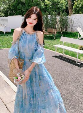 蓝色挂夏脖连衣裙女C66-261季新法式独款绝美超好看特海边度假风