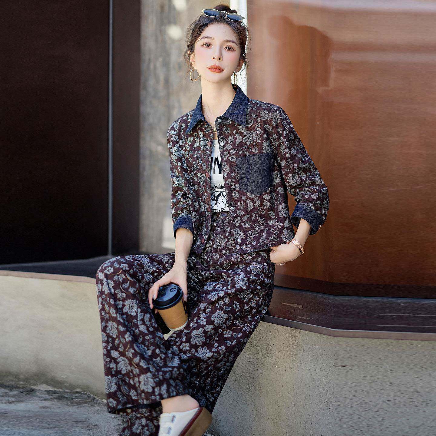 套装2025MMM2667-0季款气质翻领印花外套洋气减新龄阔腿裤两件套M