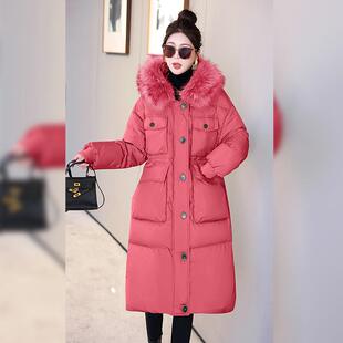 服冬季貉子毛领R白鸭绒过连帽多口袋长款时尚韩HR-D196-版羽绒 H1