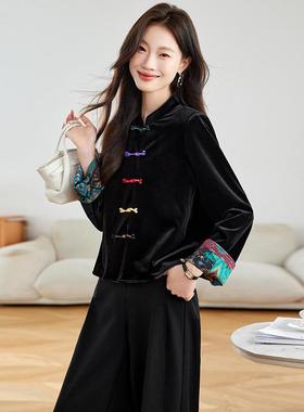 丝绒国扣风外套两穿黑色新中式SP6081-0开衫202秋季盘面上衣外套